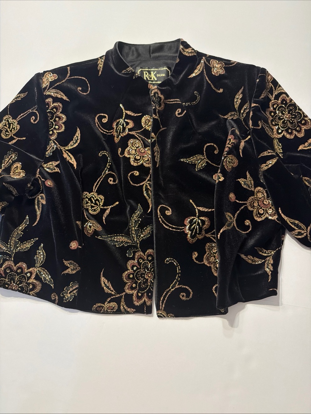 R&K Evening Velvet Cropped Evening Jacket Gold Glitter Floral Metallic 14P